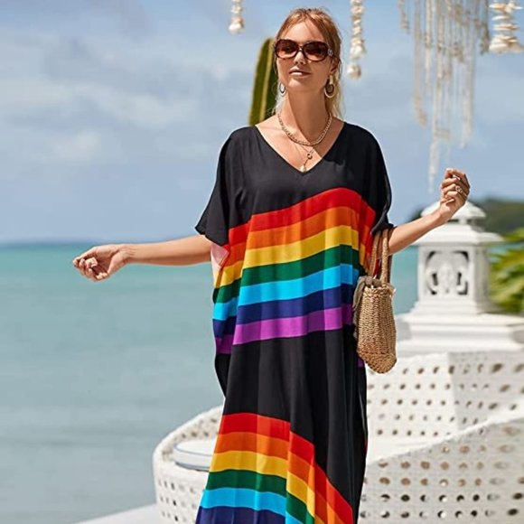 Private Label Dresses & Skirts - WOMEN’S Rainbow Stripe Print Rayon Long Caftan CoverUp Dress Kaftan
